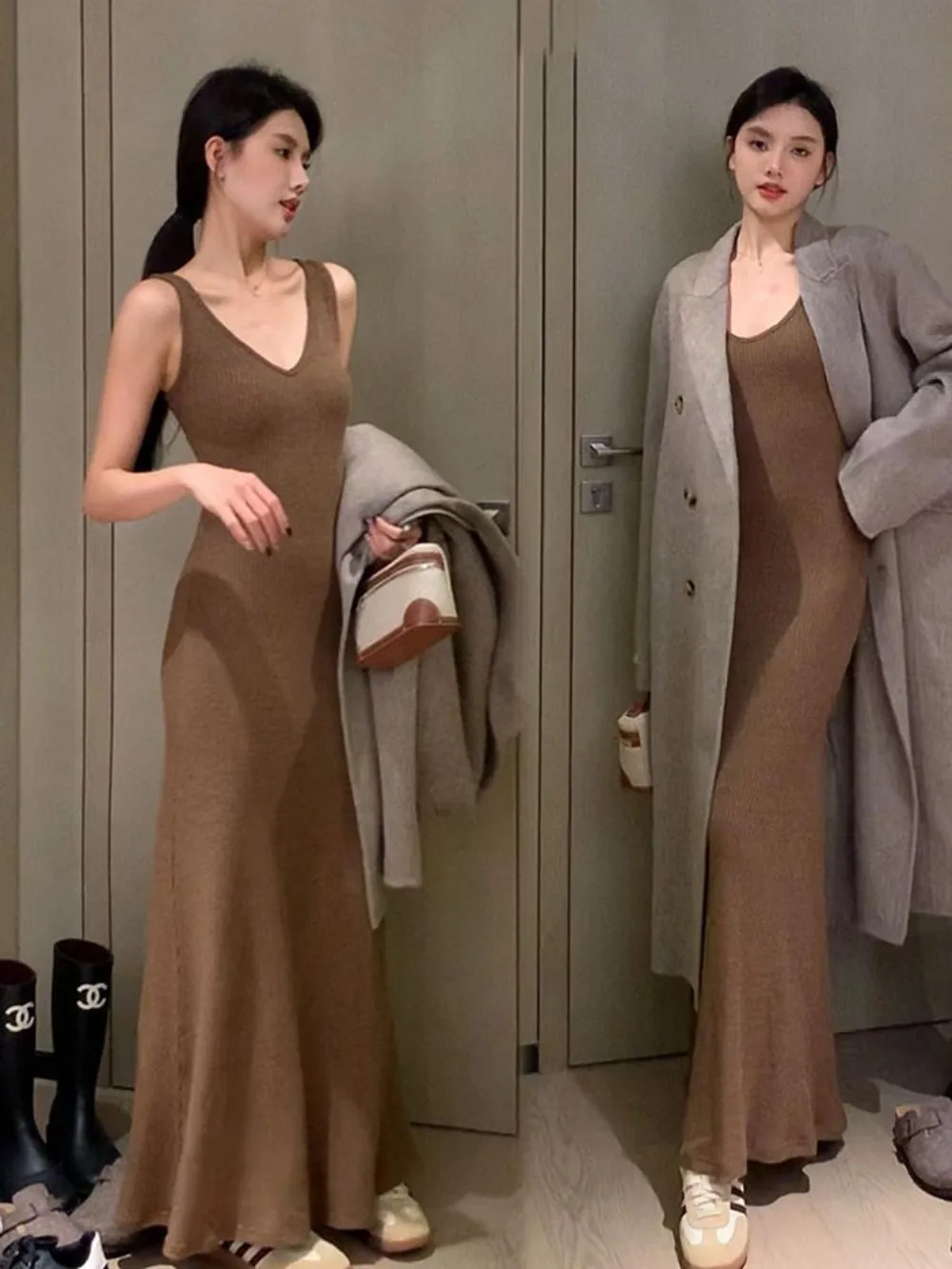 ‌ فستان نسائي محبوك - رقبة على شكل حرف V متوسط الطول، فستان متوسط الطول بدون أكمام للتخسيس، قطعة طبقات للخريف والشتاء