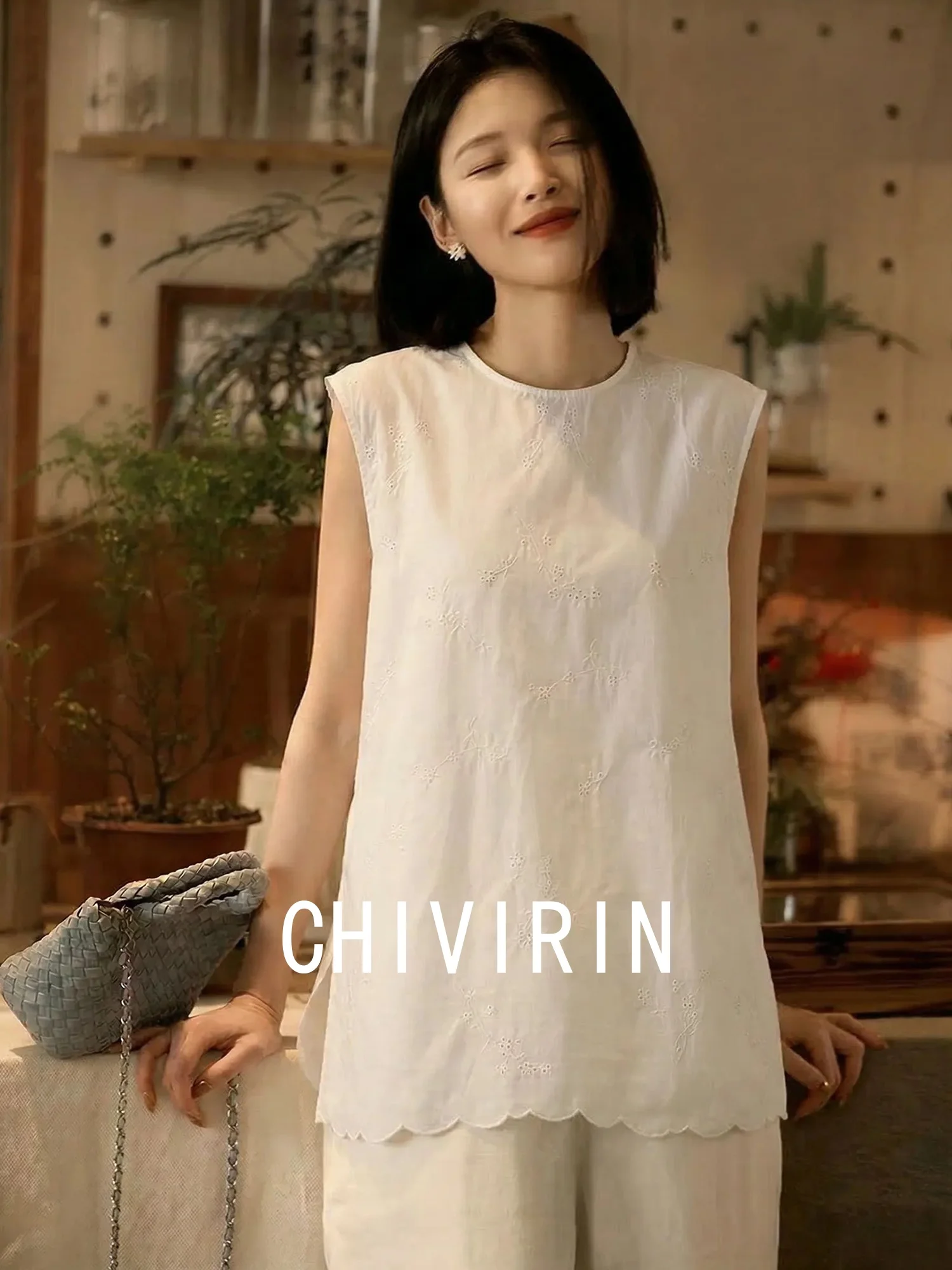 

Женская хлопковая рубашка без рукавов Chivirin, простой повседневный стиль, свободный крой, стройнящий топ, белый цвет, лето 2026