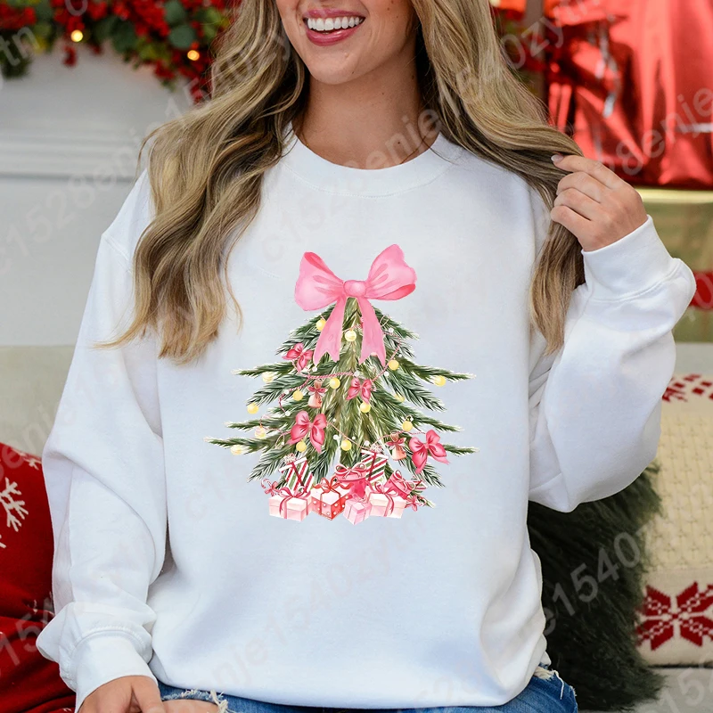 Classic Christmas Tree Print Crew Neck Long Sleeve Sweatshirt, Pink Coquette Bow Sweatshirts, Xmas Sweatshirts For Women