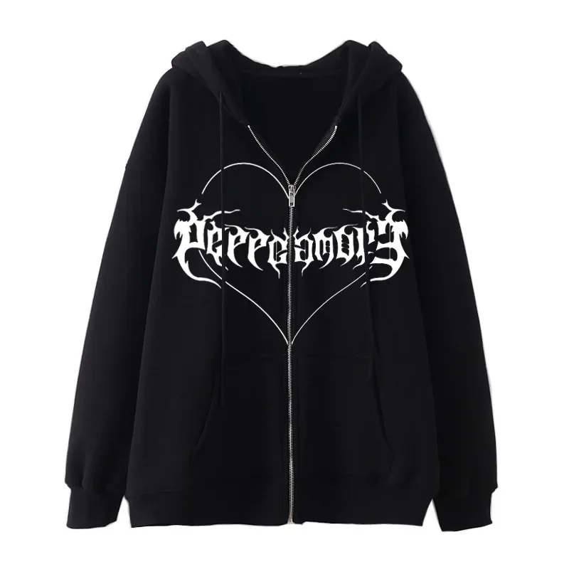 Fashion Y2K Skeleton Hoodies Women Gothic Black Zip Up Oversized Sweatshirt Ladies Retro Harajuku Hooded Jacket Streetwear Coat