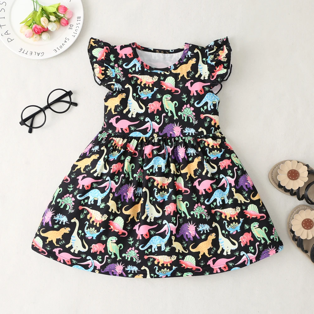 Girls Colorful Dinosaur Print Flying Sleeve Casual Dress For Kids Vacation Summer Outfit