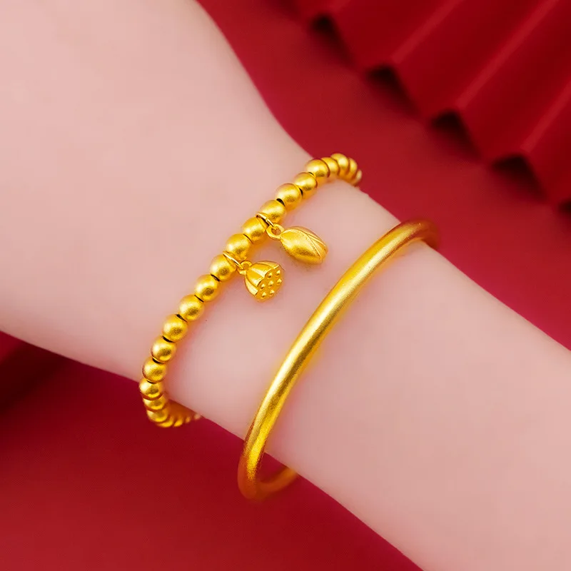 Women's Fashion 9999 24K Real Gold Lotus Ancient Method Inheritance Two Generations Joyful Lotus Pong Bracelet Bangle Wedding