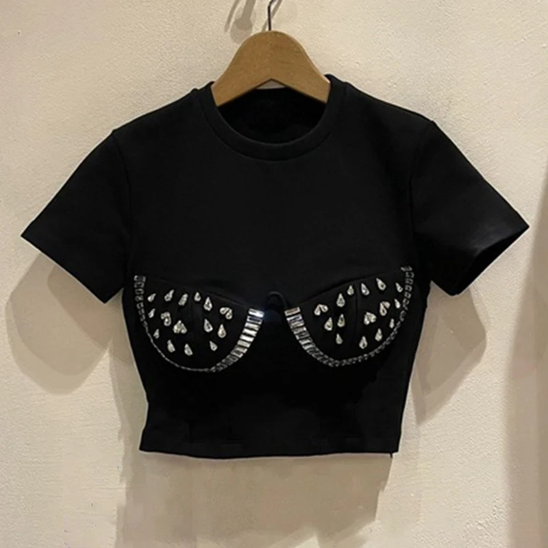 Chic Women Diamonds Beads T-shirts High Waist Rhinestones Sequined Tees Slim Short O-Neck Short Sleeve Crystal Jumpers Crop Tops