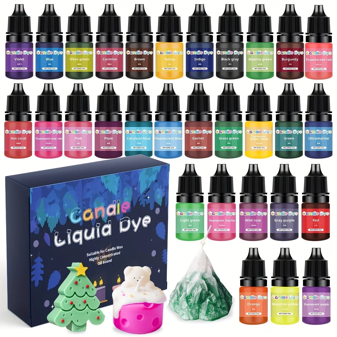 Candle Wax Colour - 30 Colours High Concentrate Liquid Dye for Beeswax, Gel Wax, Soy Wax, Paraffin Wax, DIY - 5 ml Each