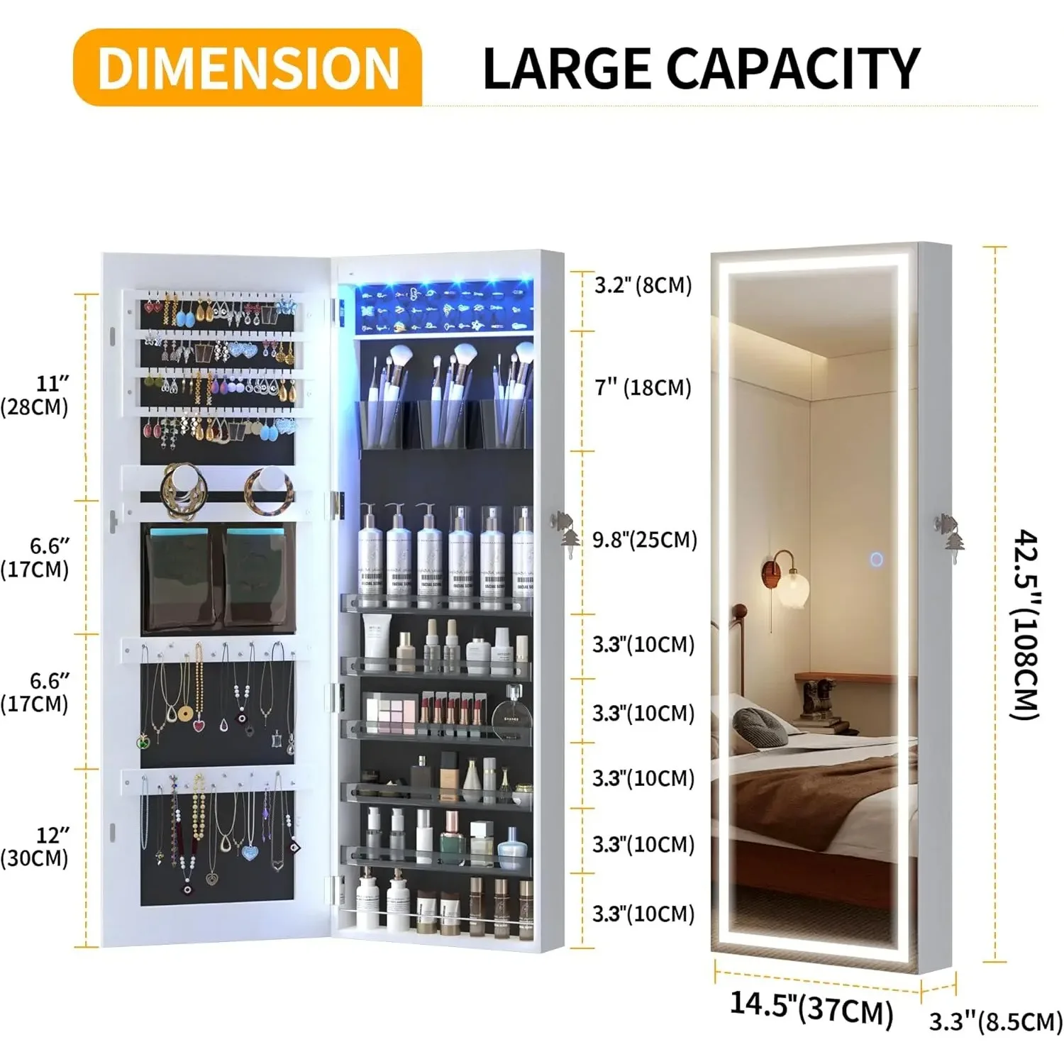 LED Mirror Jewelry Cabinet, Wall/Door Mount Jewelry Armoire Organizer with Lights, Full Length Mirror with Jewelry Storage