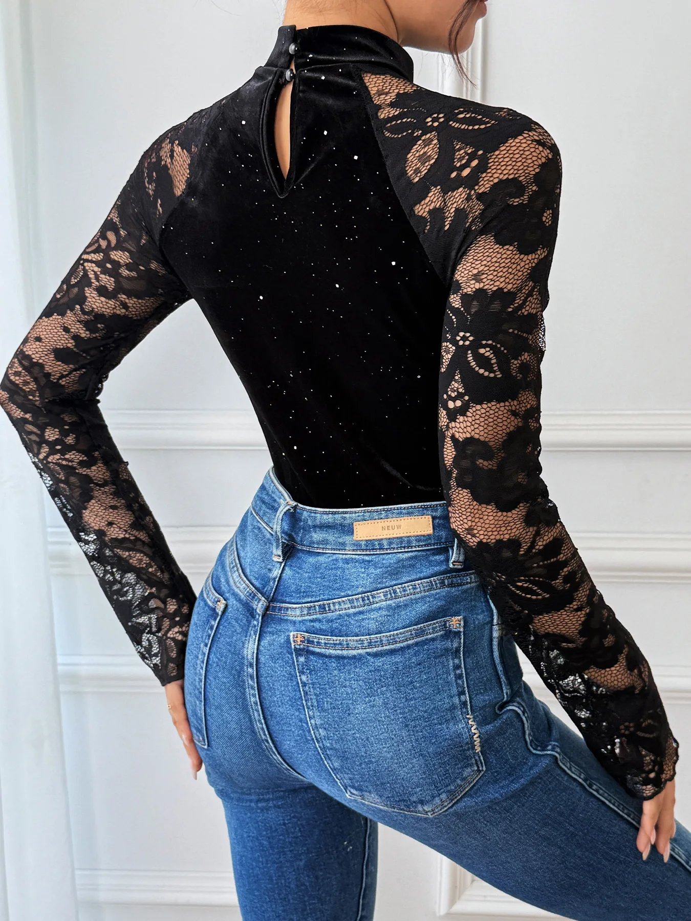 Sexy Lace Turtleneck Bodysuit Women 2026 New Black Elegant Glitter Velvet Bodycon Long Sleeve One Piece Bodysuits Tops Body Suit