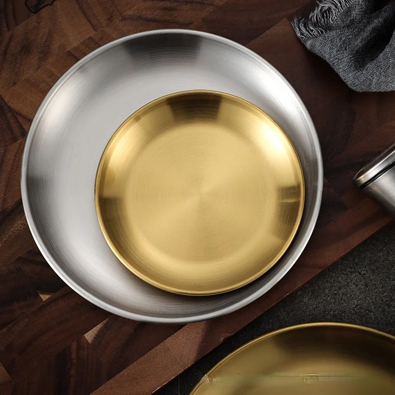 Stainless Steel Plate Set, 2 Pieces, Easy to Clean, Luxury Metal Round Serving Tray