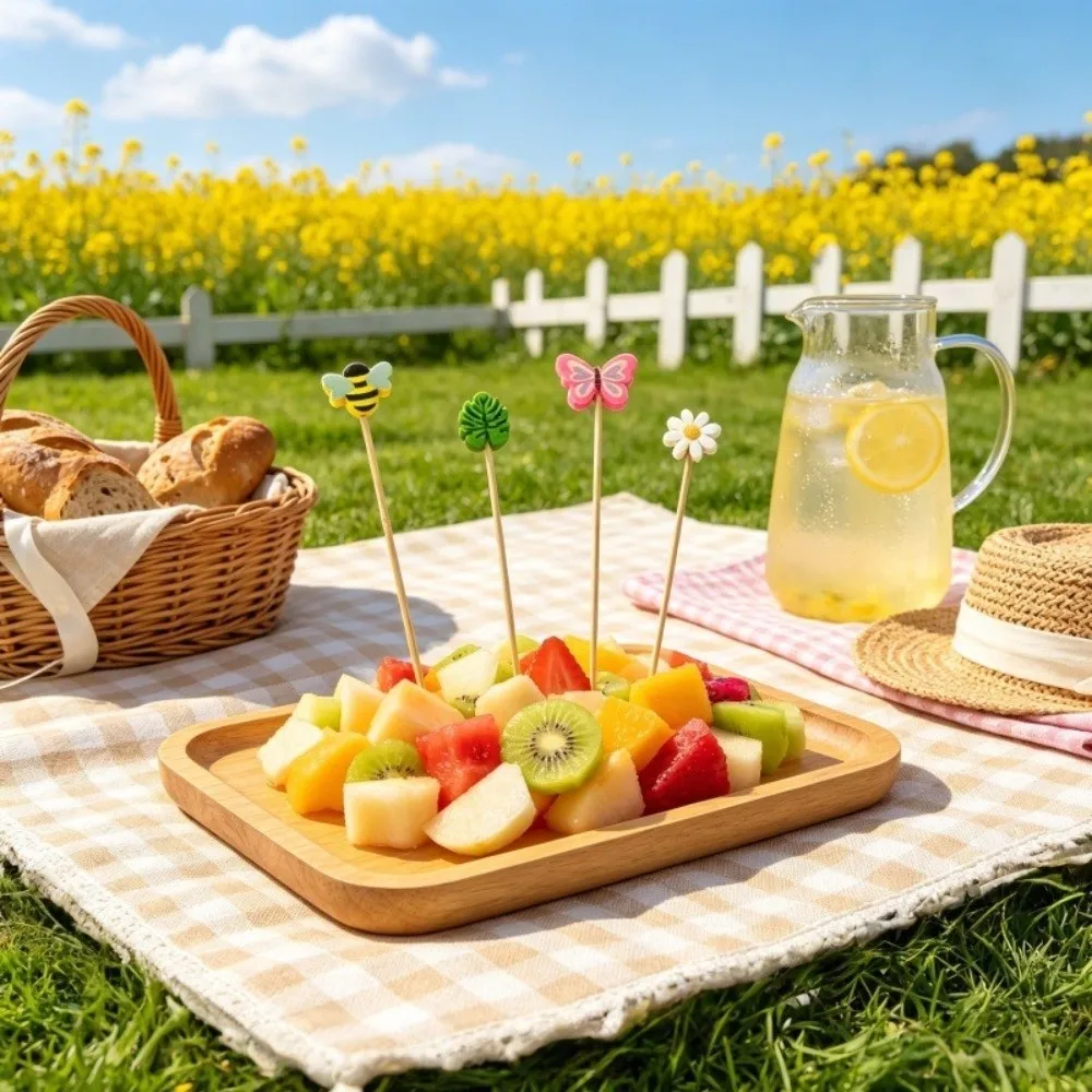 100Pcs Cute Disposable Bamboo Fruit Picks Animal Plant Mixed Candy Color Dessert Toothpicks Cocktail Skewers for Wedding Decor