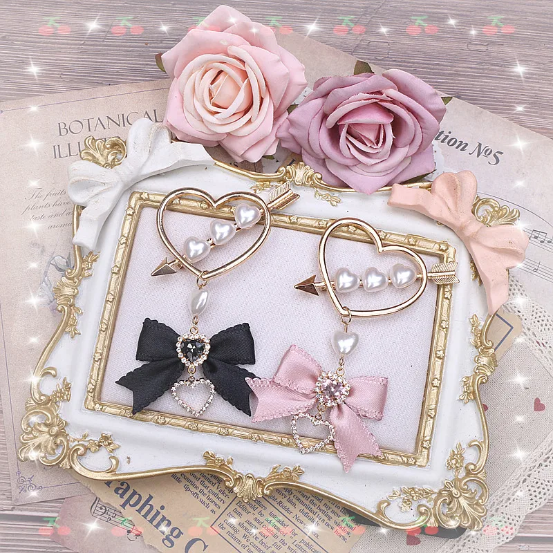 

Harajuku Hairpin Japanese Sweet Mine Pearl Heart Arrow Gothic Lolita Hair Bow Rhinestone Side Clip Hair Clips Hair for Women