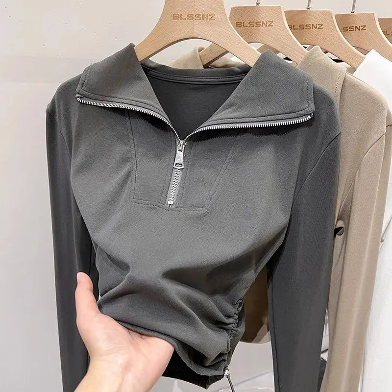 Autumn Polo Neck Half Zip Drawstring Bottom Shirt Short Top