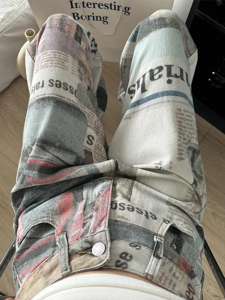 Women\'s Alphabet Newspaper Print Summer Thin Jeans Young Girl Street Straight Bottoms Vintage Trousers Female Wide Leg Pants