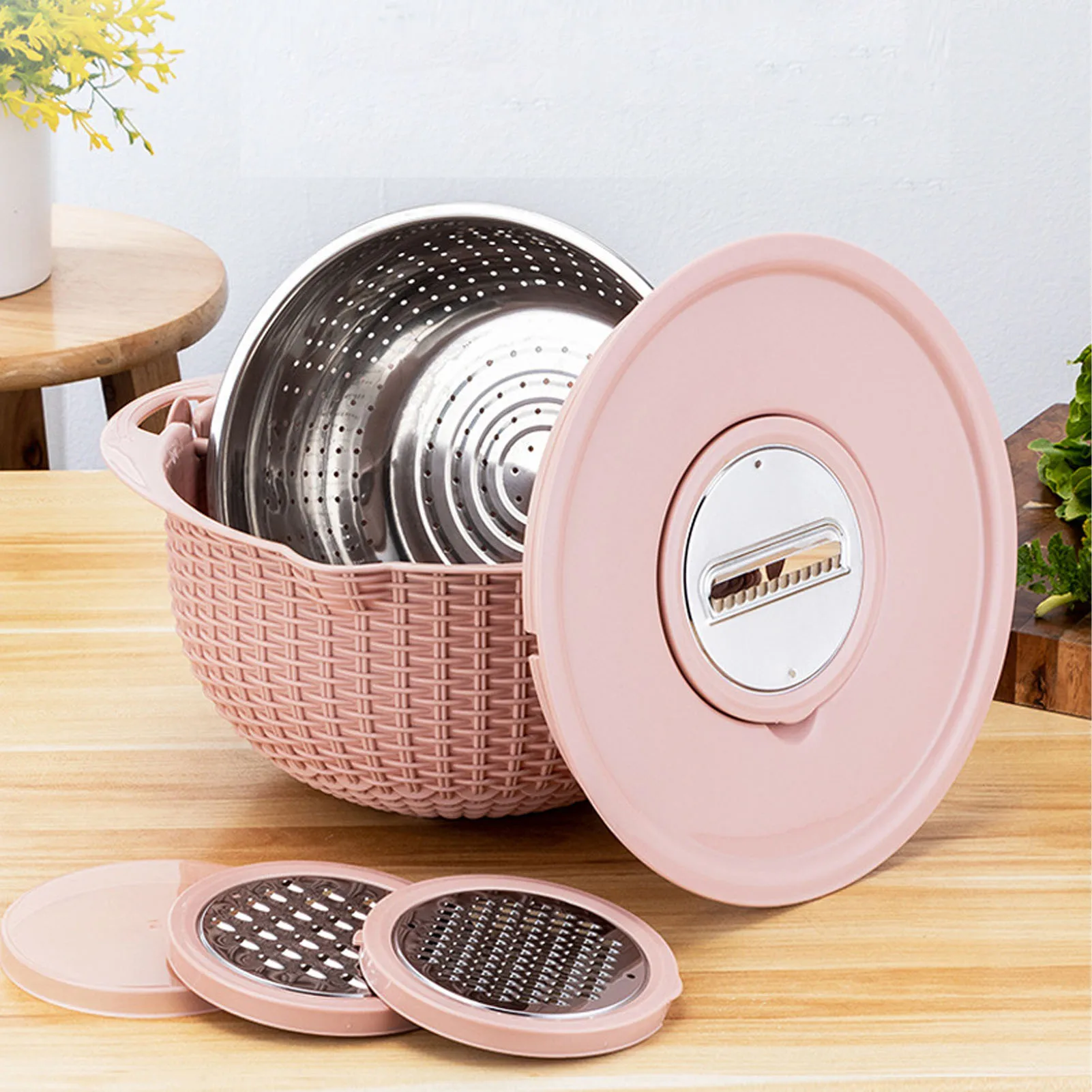 

Multifunctional Colander Bowl Vegetable Grater Drain Basket Stainless Steel Rotating Strainer Bowl set Kitchen Gadgets