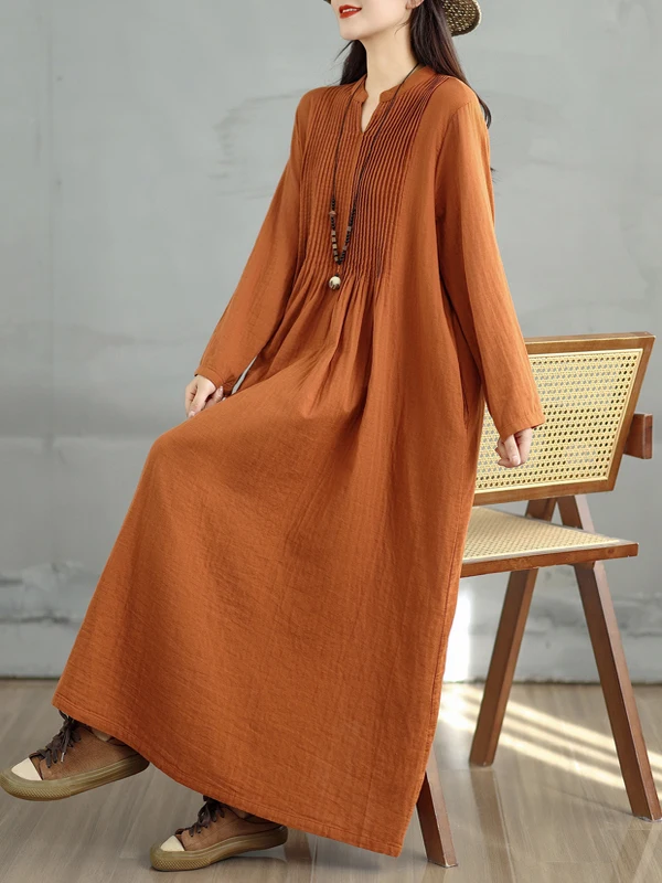 Vestido Maxi Artístico Retro de Manga Longa para Mulheres, Saia de Camadas Duplas, Vestido Casual de Outono com Decote em V O...