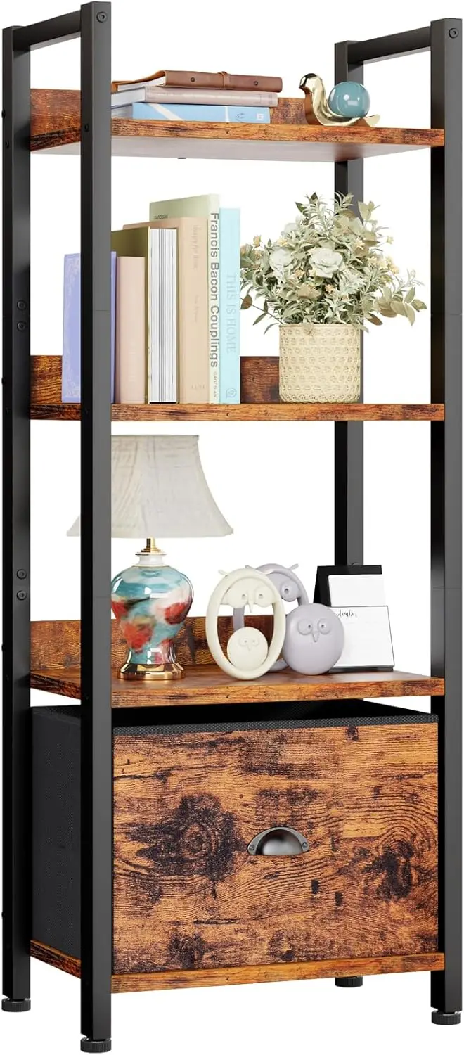 

4-Tier Bookshelf with Drawer, Narrow Storage Organizer, Wood & Metal Display Shelf for Bedroom Living Room