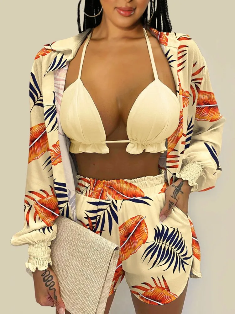 Set da 3 pezzi Sexy 2025 Estate Primavera Moda Donna Set Camicia a maniche lunghe con fiori femminili Top e pantaloncini Abito coordinato