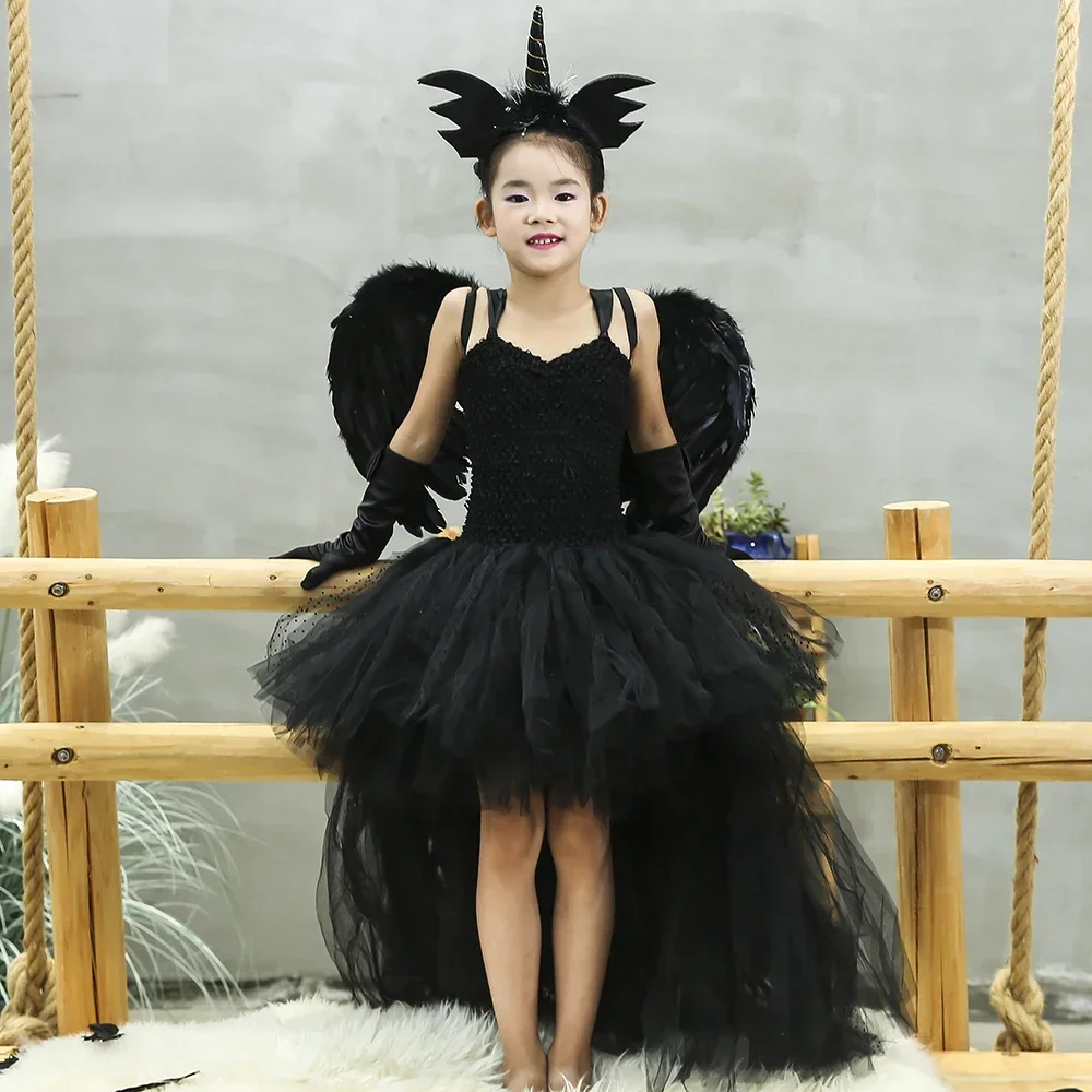 Black Angel Tutu Dress Before Short After Long Tulle Girl Dress Tail Kids Pageant Evening Party Dresses Girls Halloween Costume