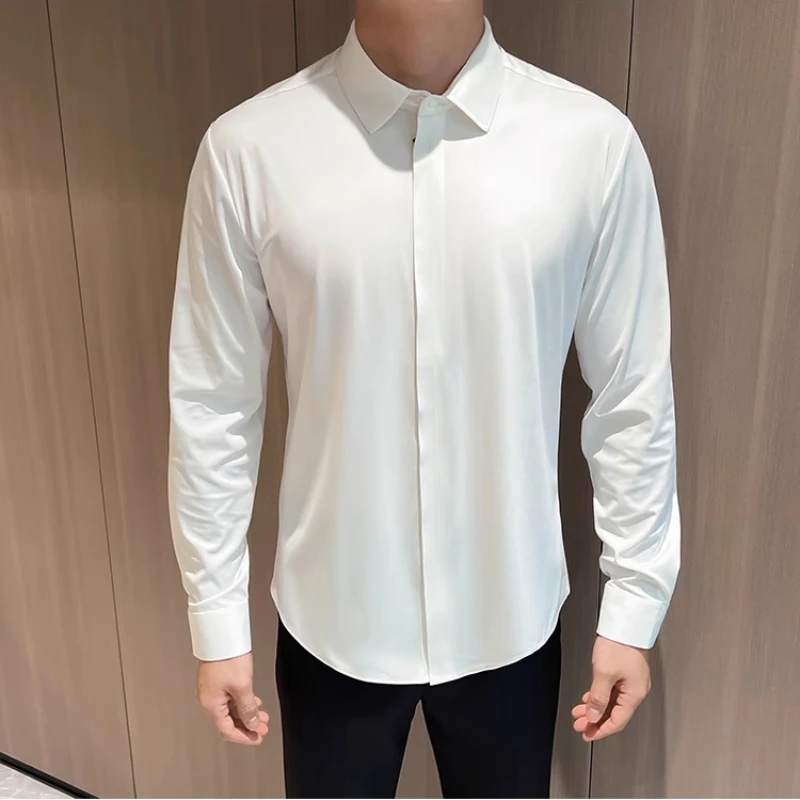 

Осенняя мужская повседневная рубашка с длинными рукавами 2220, со скрытой молнией и темной планкой, однотонная облегающая рубашка, можно растягивать
