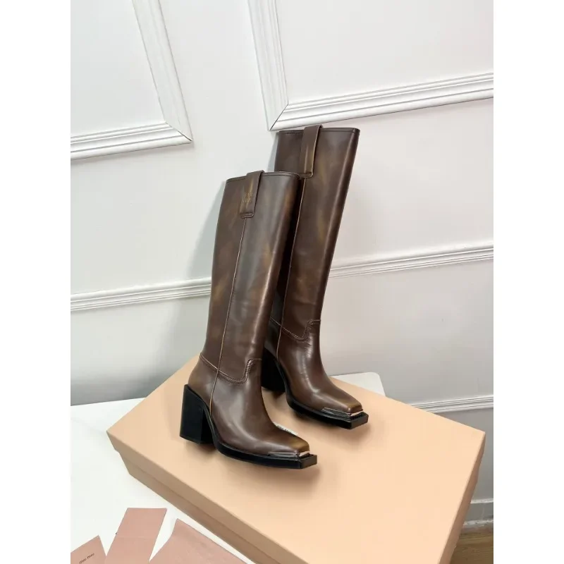 2024 Casual Genuine Leather Thick-heeled Than Knee Retro High-heeled Boots Top Layer Cowhide Knight Boots Women Shoes Brown