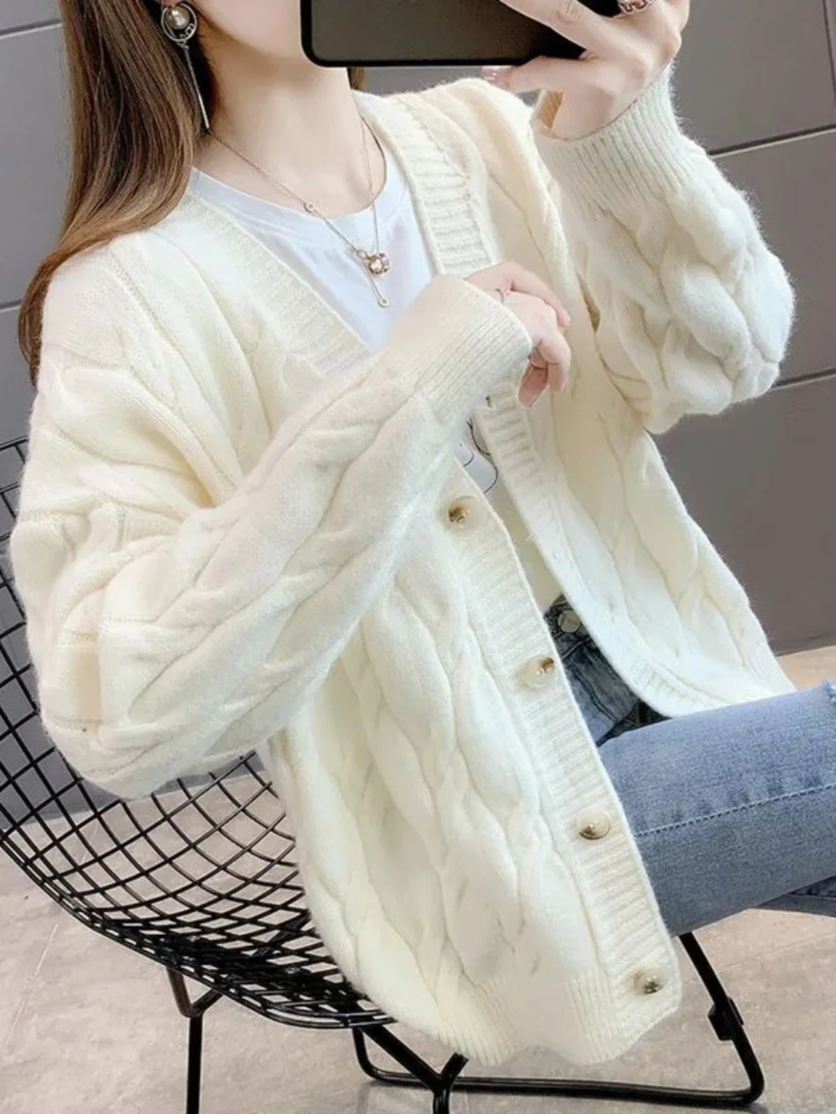 

Loose V-Ne Fried Dough Twists Sweater Coat Women's Street Sle Long Sve Knitwear Outerwear Casual Faion for Teens