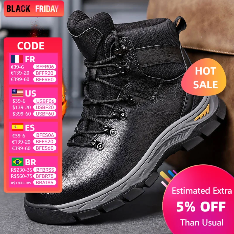 2024 Winter New Men Boots Microfiber Leather Waterproof Sneakers Hiking Ankle Boot Outdoor Warm Plush Mens Shoes