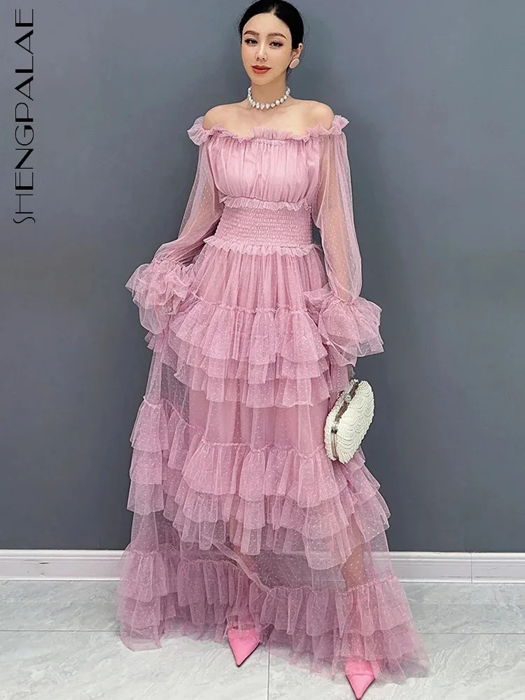 

SHENGPALAE Mesh Dress Cake Dresses One Line Neck Flower Bud Sleeve Princess Elegant Dress For Women 2024 Spring Summer New R9720