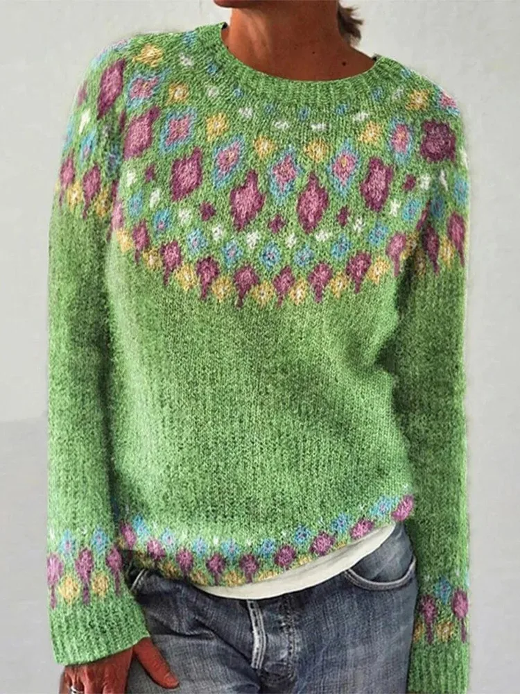 

Вязаный свитер с цветочным принтом в стиле ретро, женский длинный круглый пуловер Ne, разноцветный модный кардиган, весна-осень, универсальный