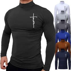 New Fashion Mens High Collar Long Sleeve T Shirt, Men's Fitness Workout Shirt Gym Training Tops Muscle Tees, Faith Graphic Tee