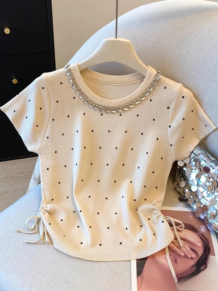 

French Elegant Knit Tees Polka Dot Draw String Heavy Beading Crop Tops Short Sleeve T Shirts Summer All Match Women's Clothing
