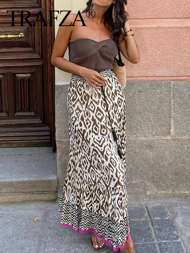 TRAFZA 2024 Women Skirts Set Brown Printed Shirt + Patchwork Elastic Waist Drawstring A Line Long Skirt Casual Loose Street