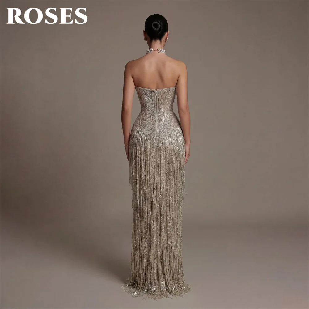 Gaun Pesta Champagne ROSES Sweetheart Tanpa Lengan فساتين السهرة Gaun Malam Model Trumpet Gaun Selebriti Berpayet dan Rumbai Dapat Disesuaikan