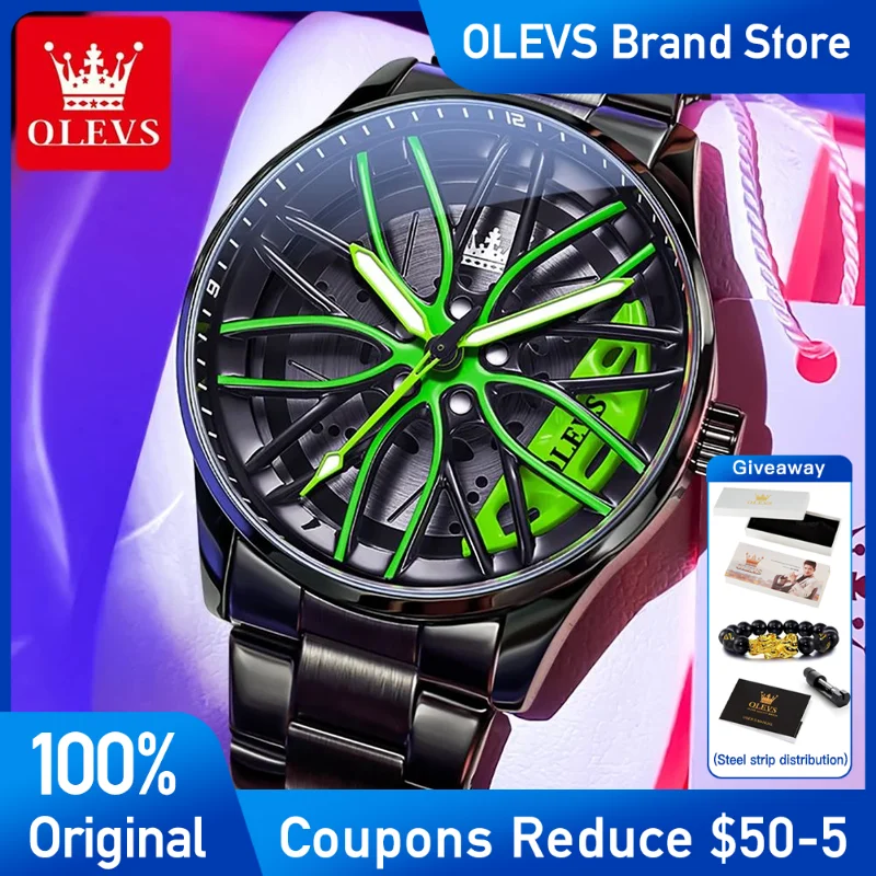 

OLEVS Men Watches Wheel Hub Dial Fashion luxury Original Brand Quartz Wristwatch Waterproof Stainless Steel Luminous watch