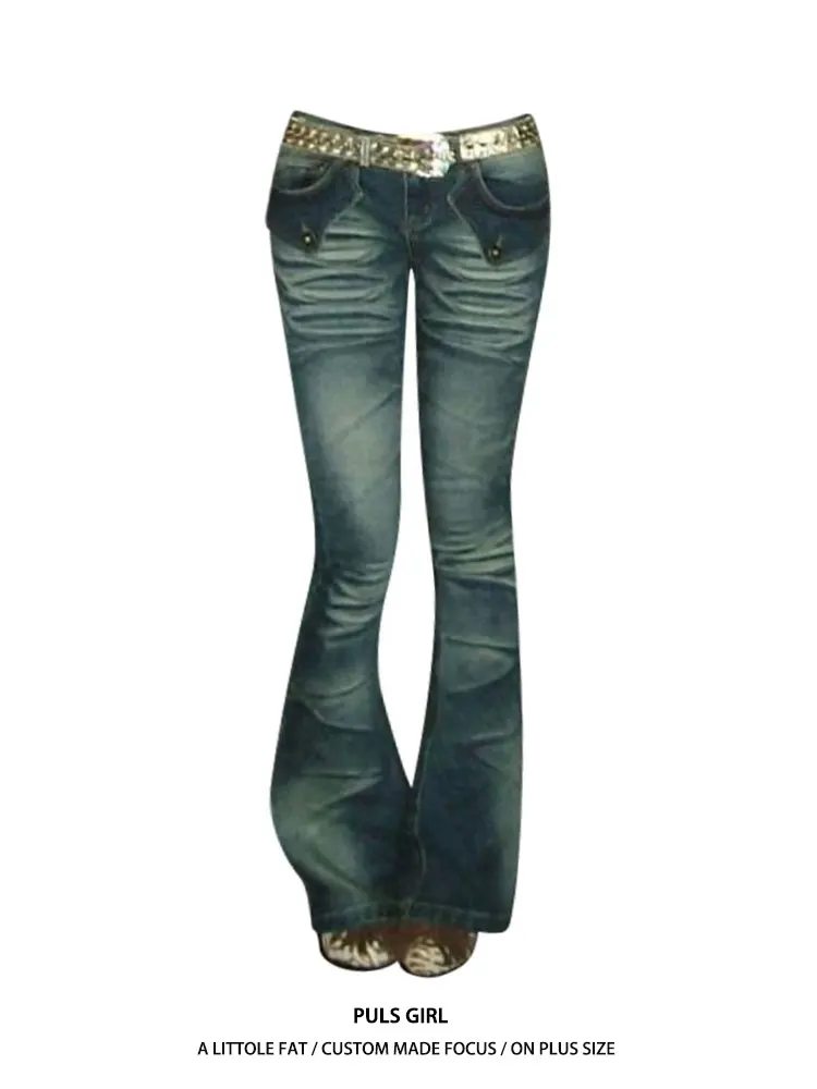 

Low Waist Slim Fit Bell Bottom Denim Jeans Women's Retro Washed Embroidery Large Size Casual Pants Hot Girl Style Jeans