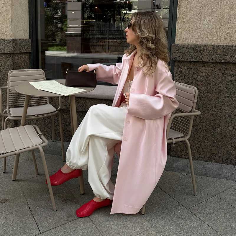 Satin-Revers Lange Trenchcoats für Damen, Street-Style, Langarm, Einreihig, Einfarbiger Windbreaker, Herbst, Damen, Lose Jacken, Neue Oberbekleidung – Detail 10