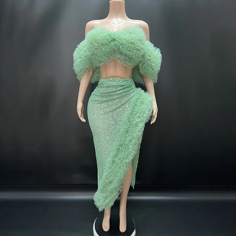 

Niche Malachite Green High-end Breast-wrapped Mesh Tutu Skirt Birthday Party Studio Photo Light Luxury Dress Skirt Robes Longues