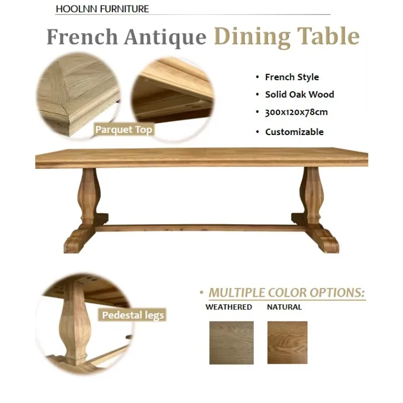T159-300P French Country Style Luxury Antique Solid Oak Wood Parquet Top Wooden Pedestal Long Dining Table Set for Event Wedding