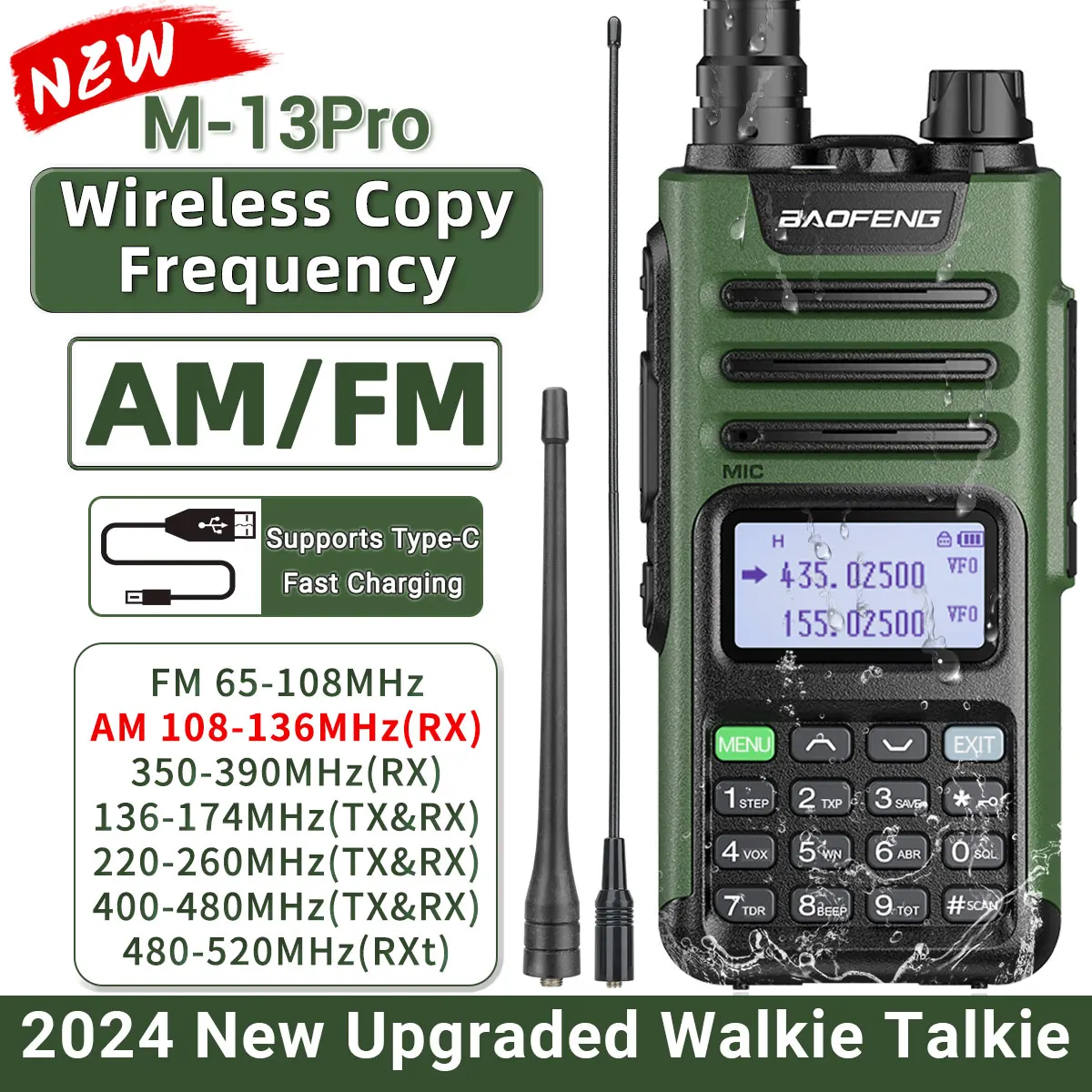 Baofeng M-13 Pro Air Band Walkie Talkie 10W Wireless Copy Frequency Long Range Type-C High Power UV-5R K5 Portable Ham Radio