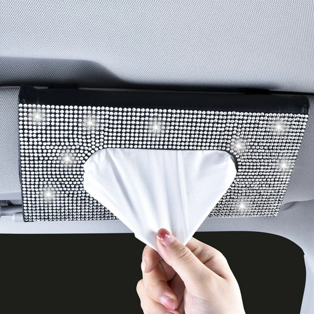 Car visor tissue box leather seat seat back rhinestone tissue clip creative fashion female rhinestone car paper box