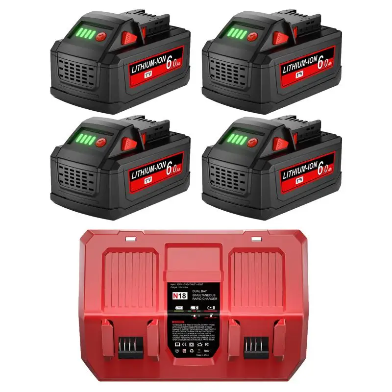 Pour Milwaukee M18 18V 6000mAh Li-ion batterie de remplacement M18B5-XC pour Milwaukee 18V outil 6.0Ah batterie Rechargeable double chargeur