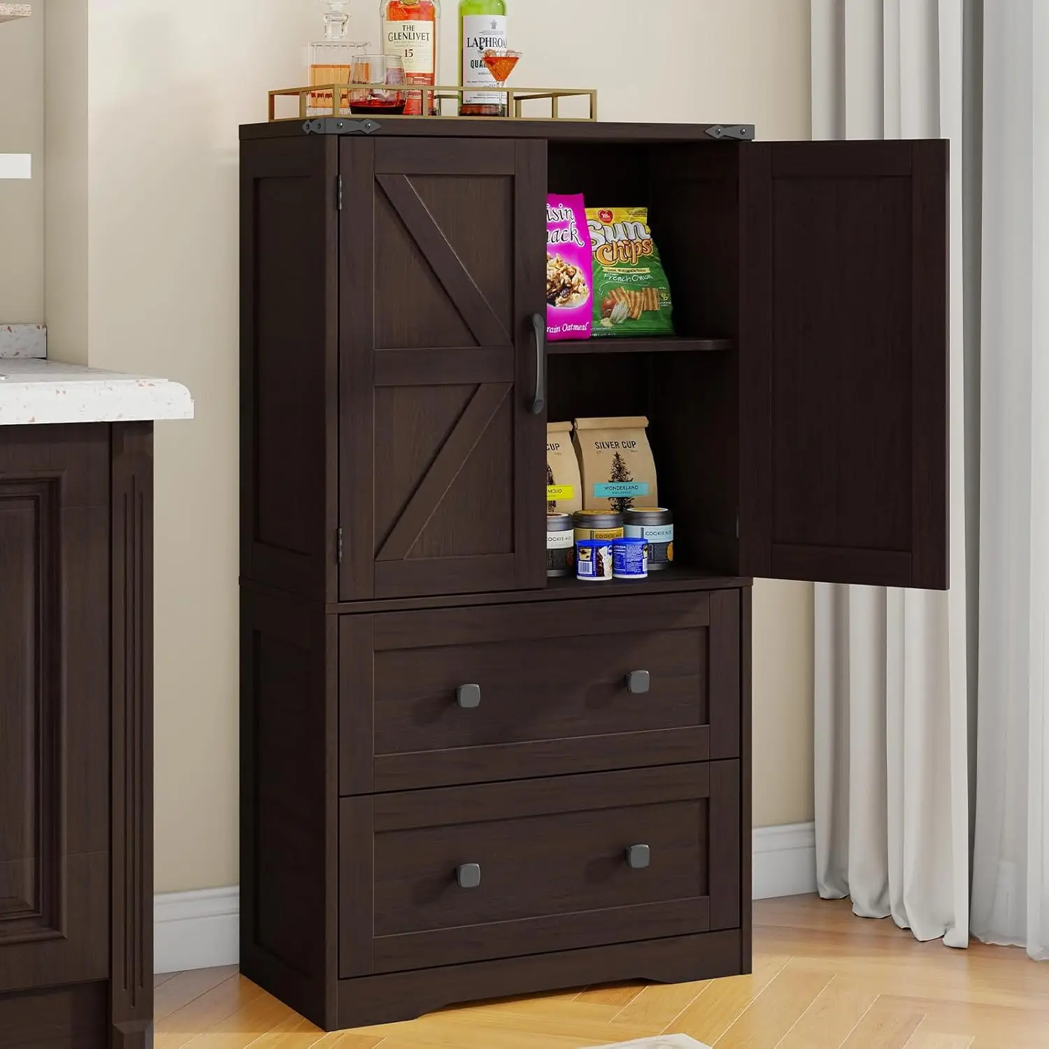 

Farmhouse Bathroom Storage Cabinet with 2 Big Drawers and Barn Doors, Kitchen Pantry, Freestanding Storage Cabinet with