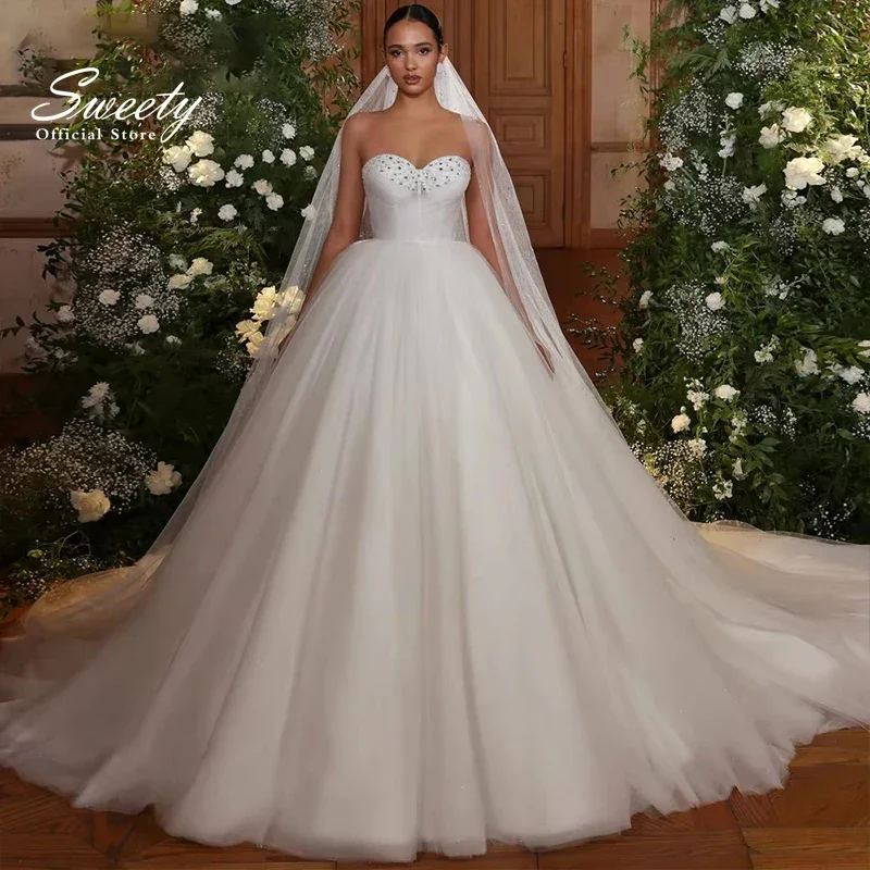 Glanzende chique trouwjurk organza met borduurkralen baljurk strapless mouwloze bruidsjurk op maat vestido de casamento