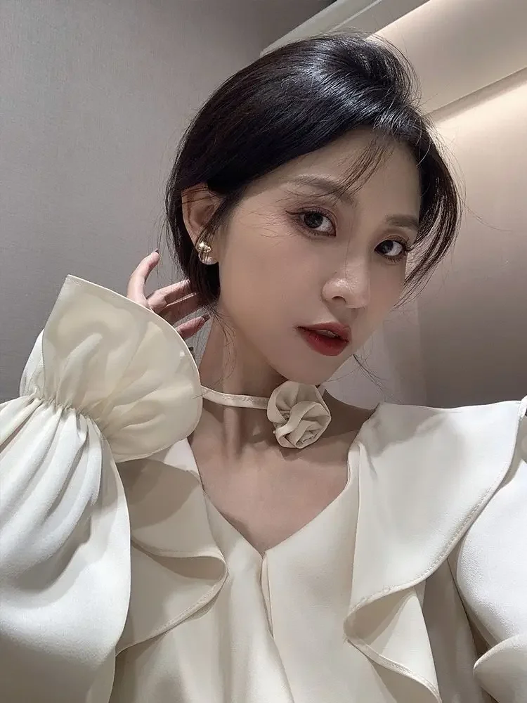 Autumn White Bow Design Blouse Women V Neck Y2k French Vintage Elegant Harajuku Tops Female Solid Korea Fashion Chic Clothes