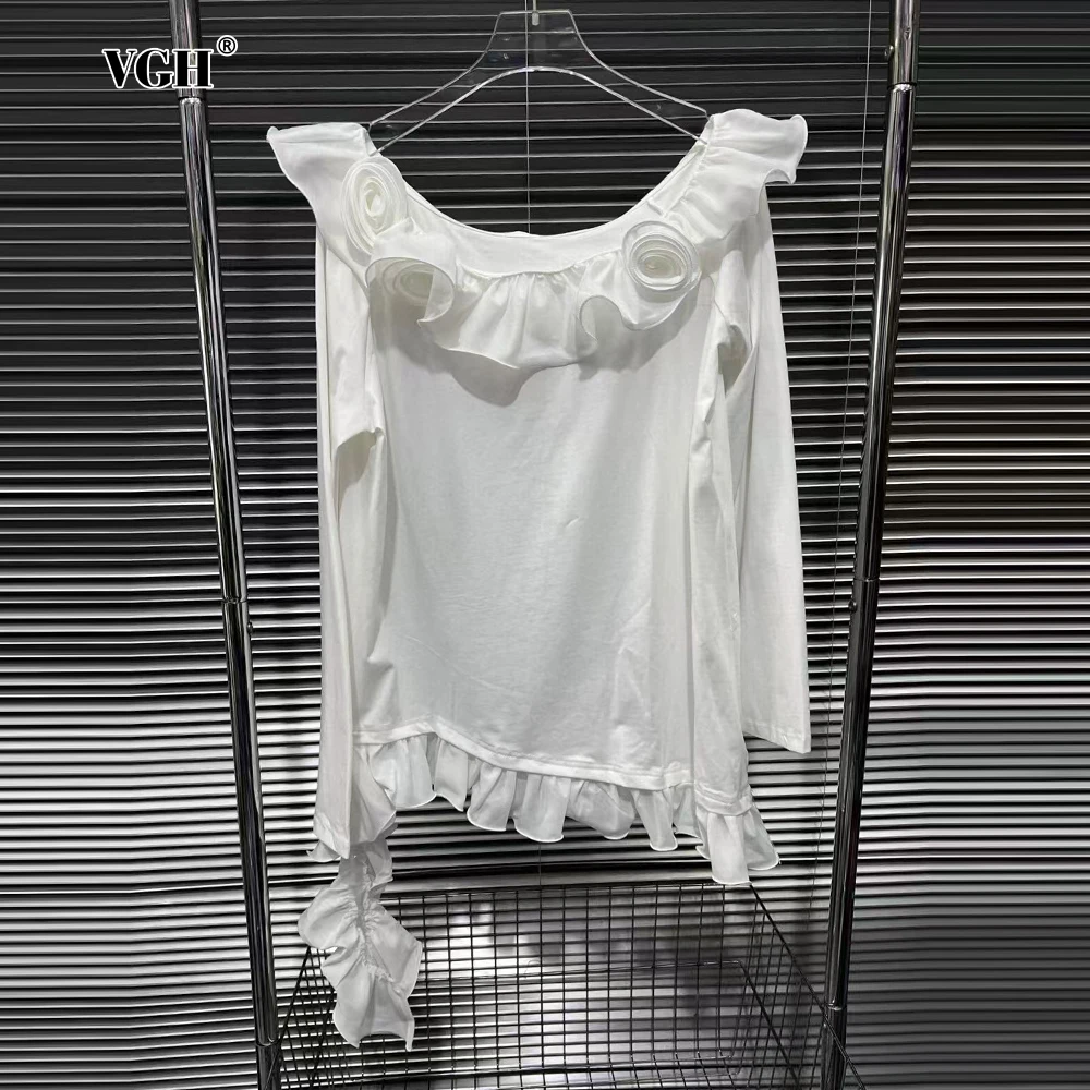 VGH Fashion Style Spliced 3D White Rose T Shirt for Women Large Round Neck Long Sleeve Asymmetrical Designer Ruched Tees Female