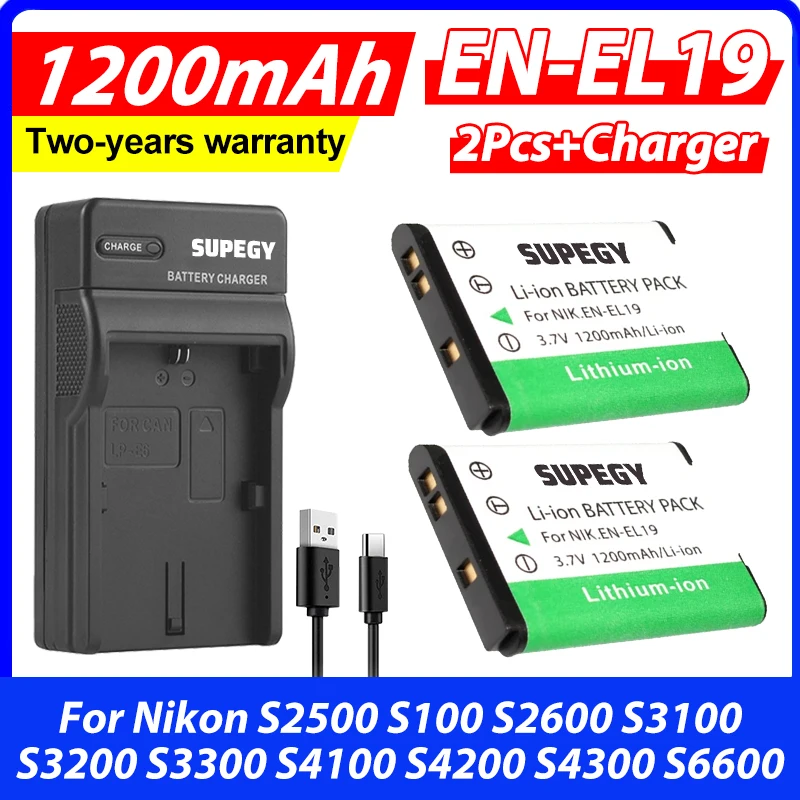 2 baterías y cargador de cámara EN-EL19 ENEL19 de 1200mAh para Nikon S2500 S100 S2600 S3100 S3200 S3300 S4100 S4200 S4300 S6600