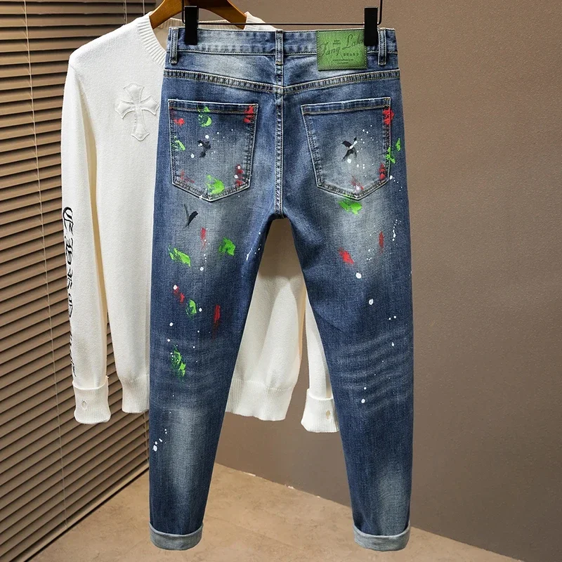 Men's Stretch Slim Jeans Spray Paint Graffiti High Street Ripped Fashion Trousers Youth Holes Hip Hop Denim Pants