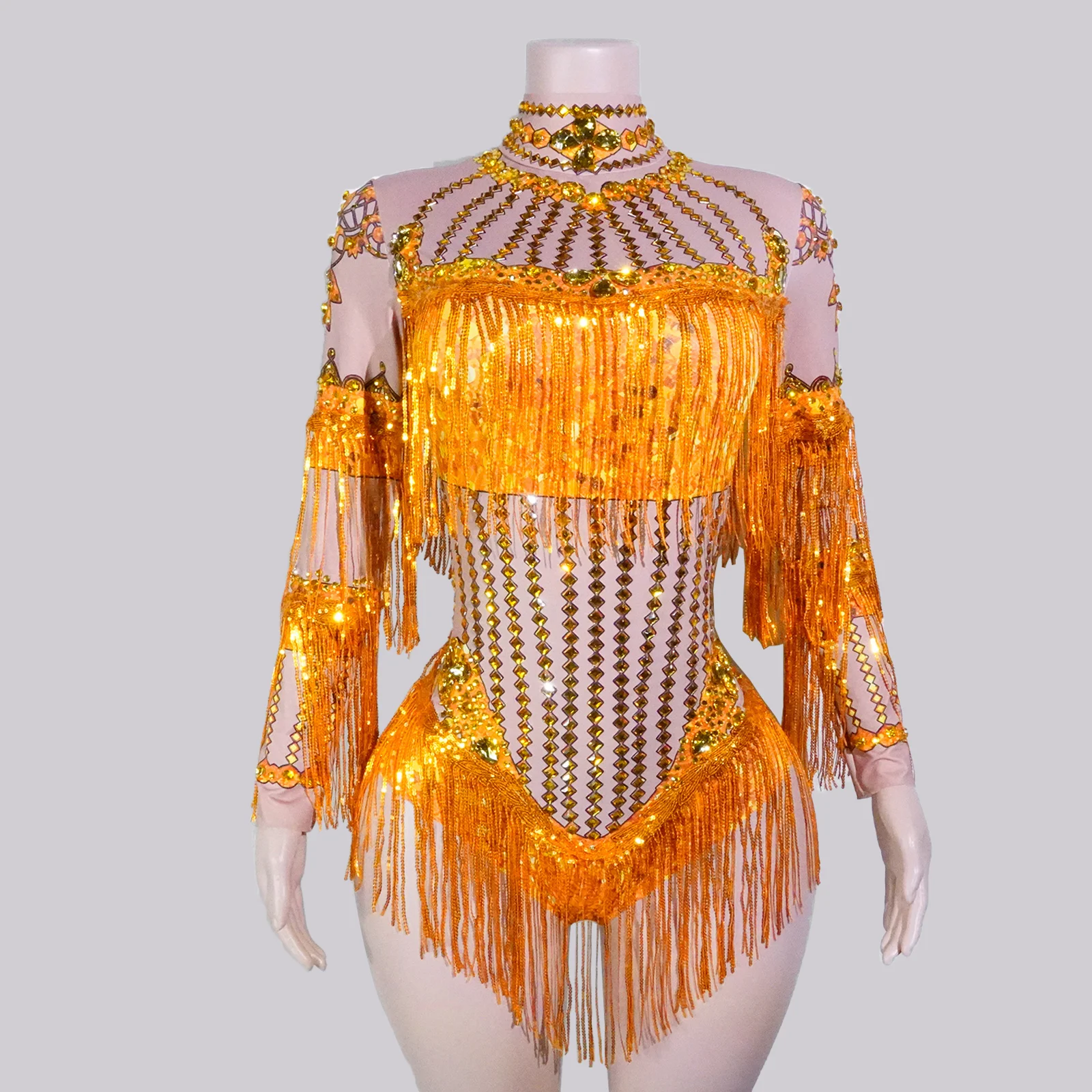 

Gogo Dance Costume Sparkle Gold Rhinestone Long Sleeve Fringe Bodysuit Performance Showgirl NightClub Pole Evening Party Clothes