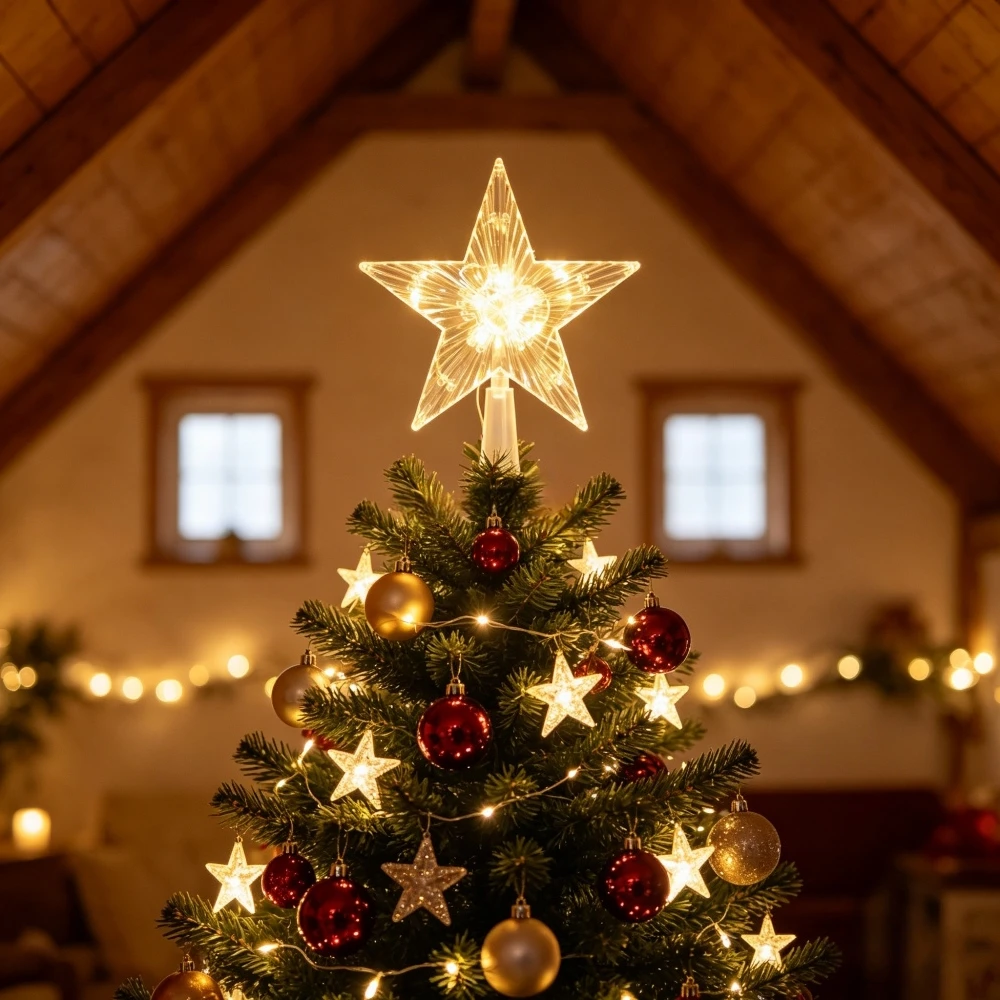 1PC Battery Box Christmas Tree Top LED Star Shaped Light, Christmas Tree Decoration, Indoor Holiday Party Home Decoration