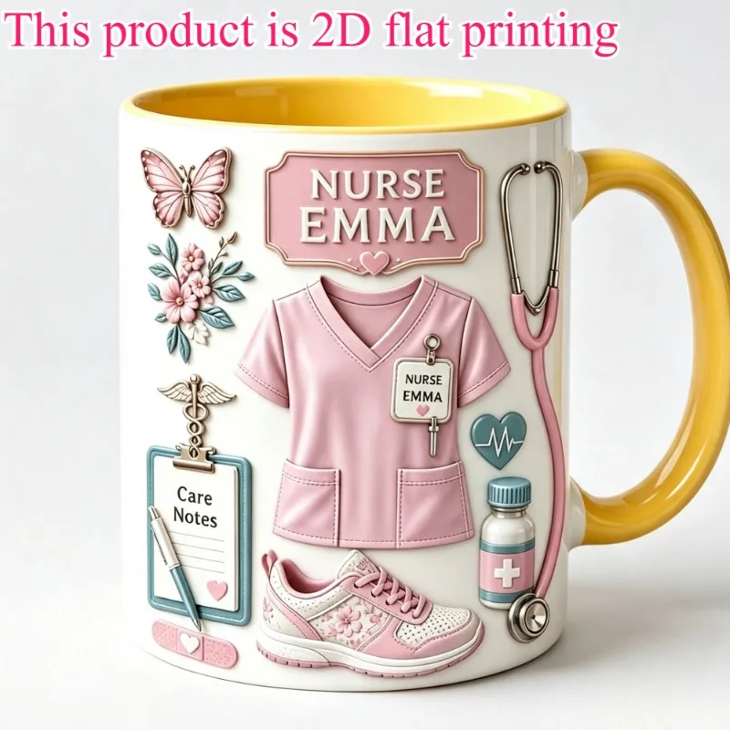 1pc 11oz Personalized Nurse Theme Mug 2D Flat Print Pink Doctor Pattern Coffee Cup Microwave Safe Thanksgiving Birthday Housewar