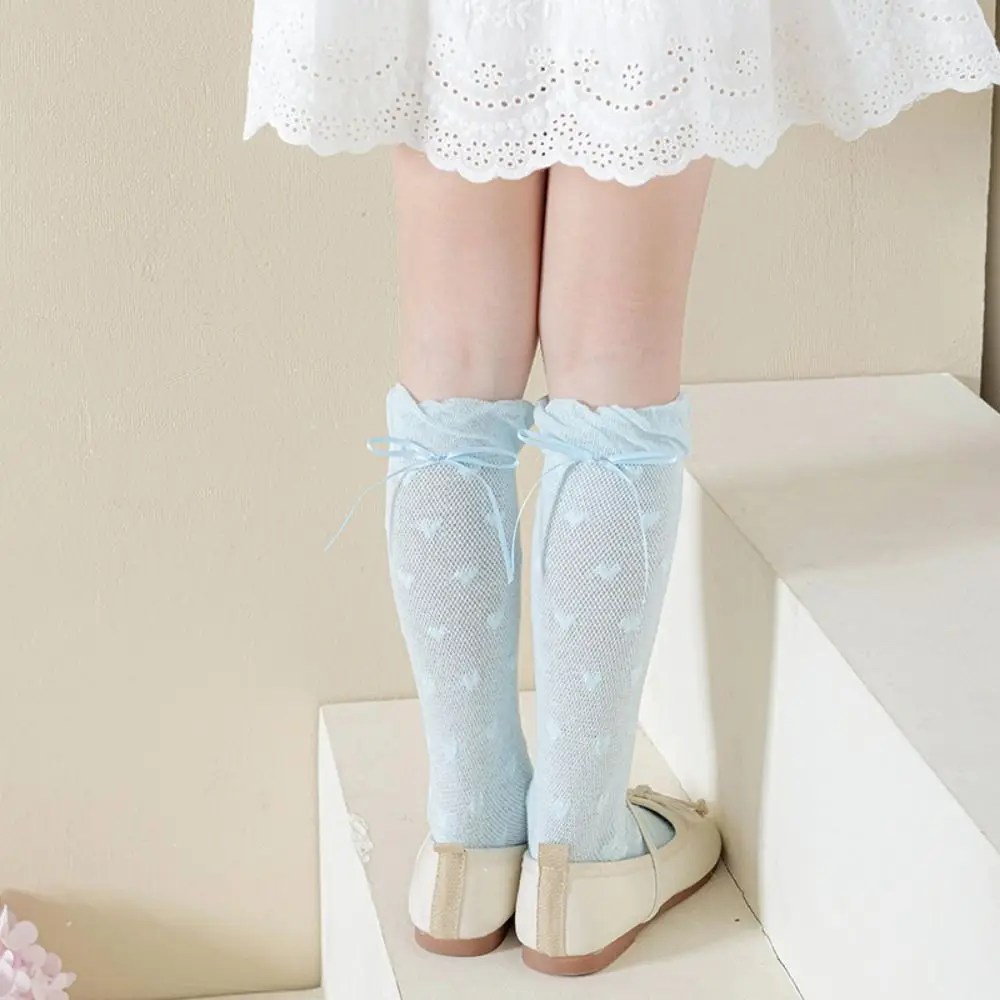 Comfortable Sweet Children Mid-Tube Hosiery Ribbon Bow Princess Lolita Lace Stockings Solid Color Thin Balletcore Socks Girls