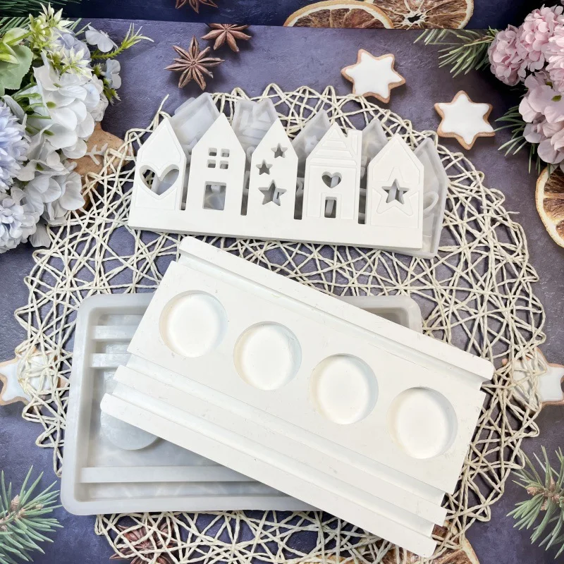 Five Houses Candle Holder Silicone Mold Plug-in House Gypsum Mold DIY Cement Silicone Mould Clay Epoxy Resin Ornaments Molds