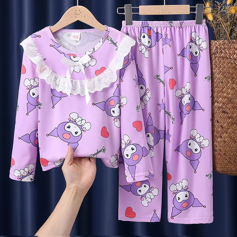 

Girl Princess Style Pajama Set Kuromi Cartoon Comfortable Soft Lace Sleepwear Suitable Comfy Pajamas Top Pants Autumn Winter